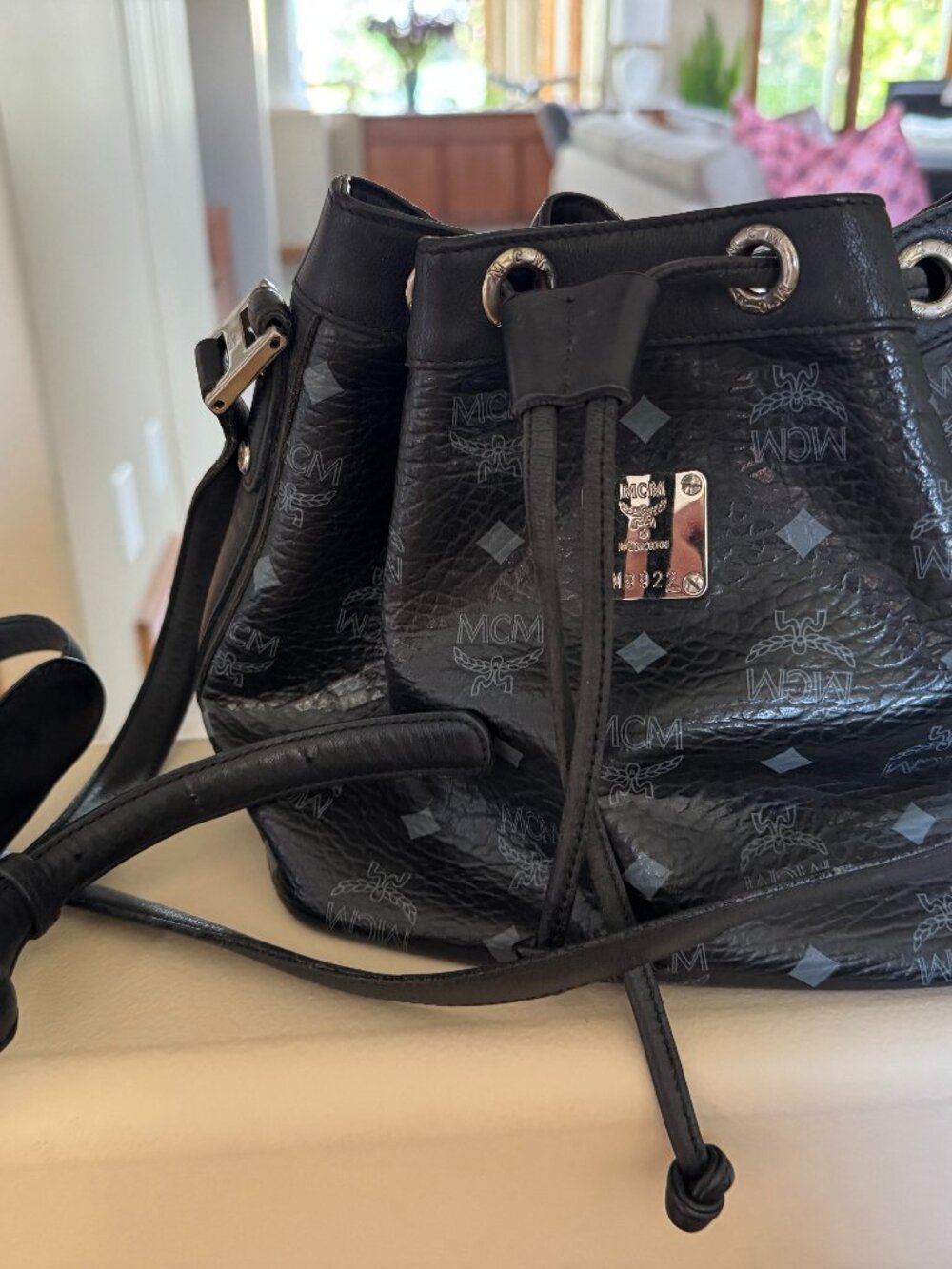 MCM MUNCHEN Logo Print Black Leather Drawstring Bag